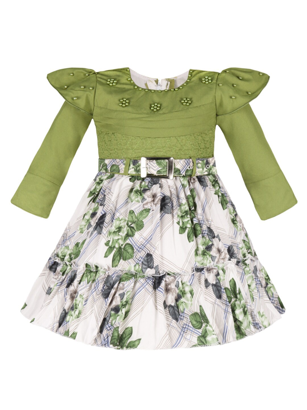

Wish Karo Girls Floral Printed Satin Fit & Flare Dress, Green