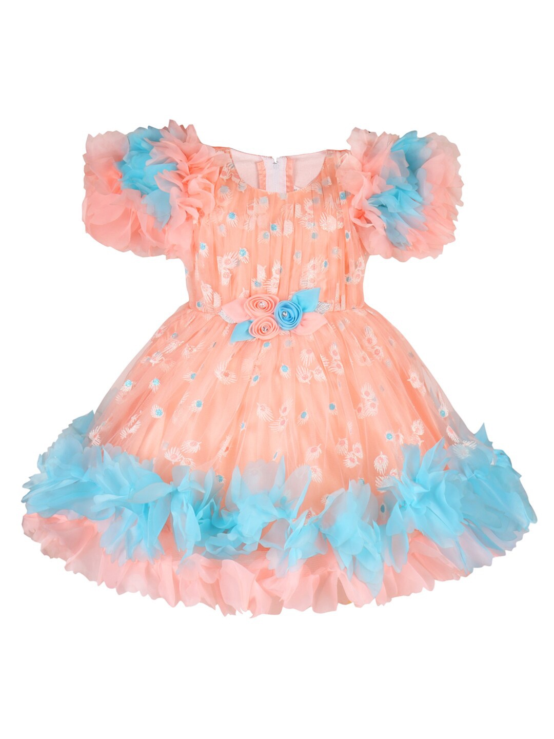 

Wish Karo Girls Floral Printed Net Fit & Flare Dress With Corsage, Peach