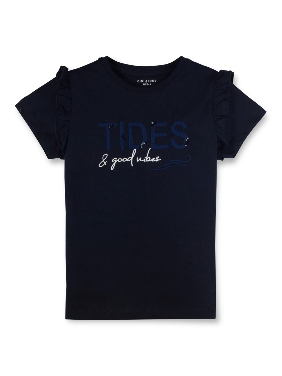 

Gini and Jony Girls Typography Printed Ruffles Detail Cotton Top, Blue