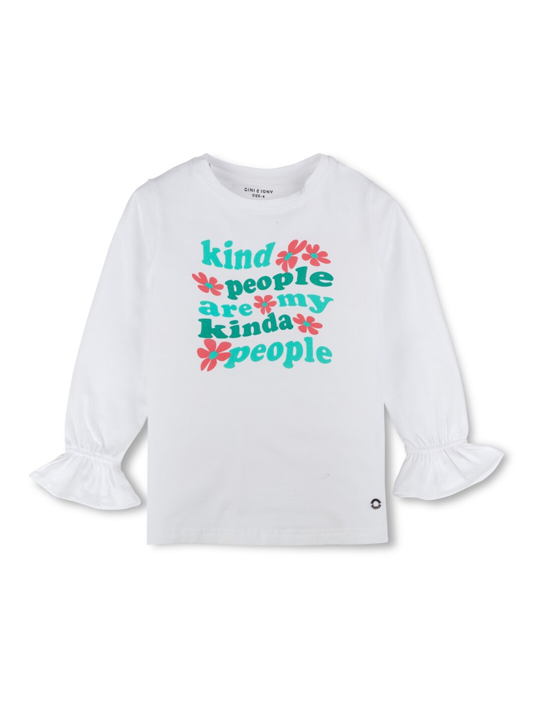 

Gini and Jony Girls Printed Cotton Cuffed Sleeves Knitted Top, White