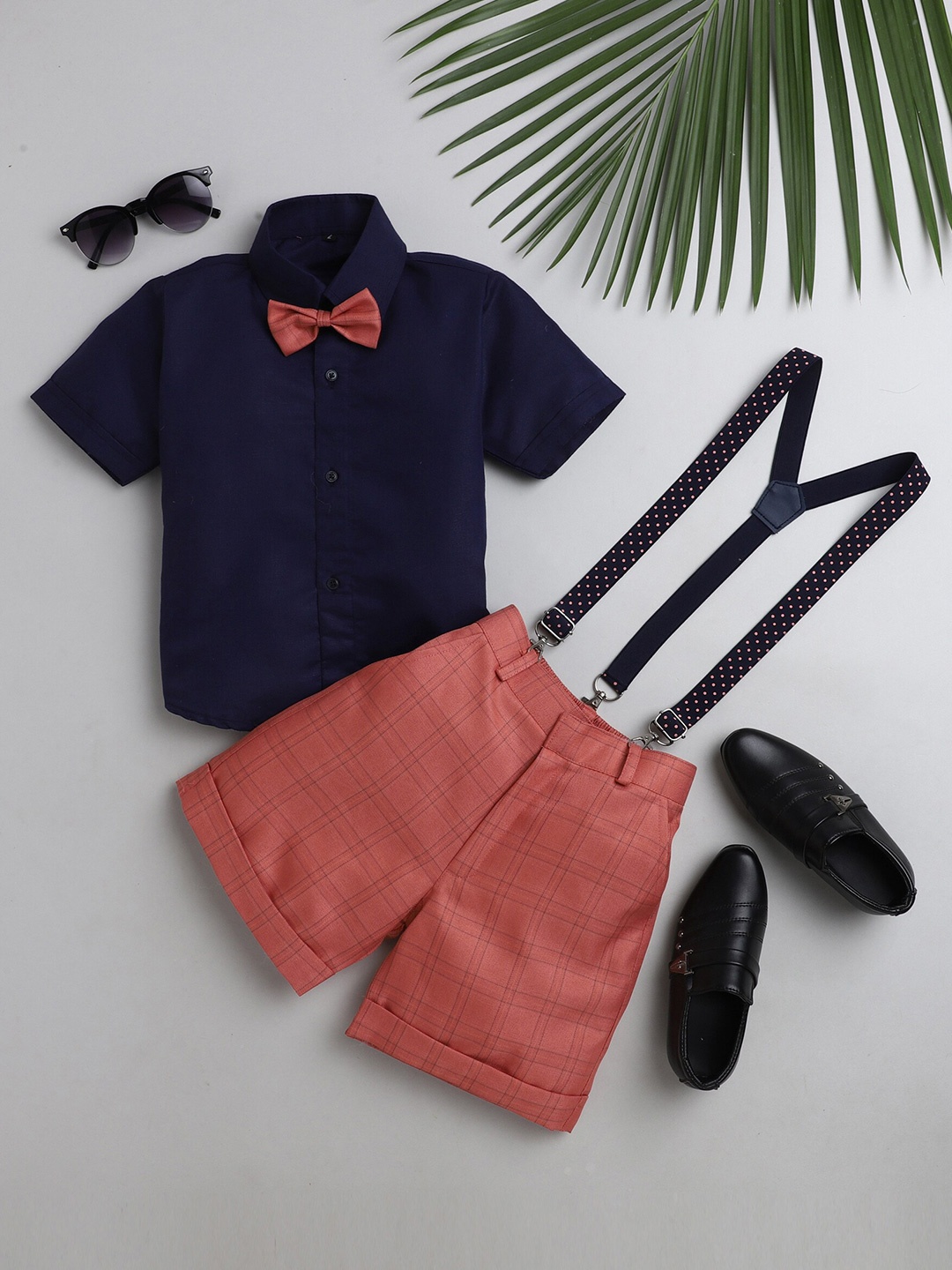 

BAESD Boys Shirt With Checked Shorts & Suspenders & Bow, Peach