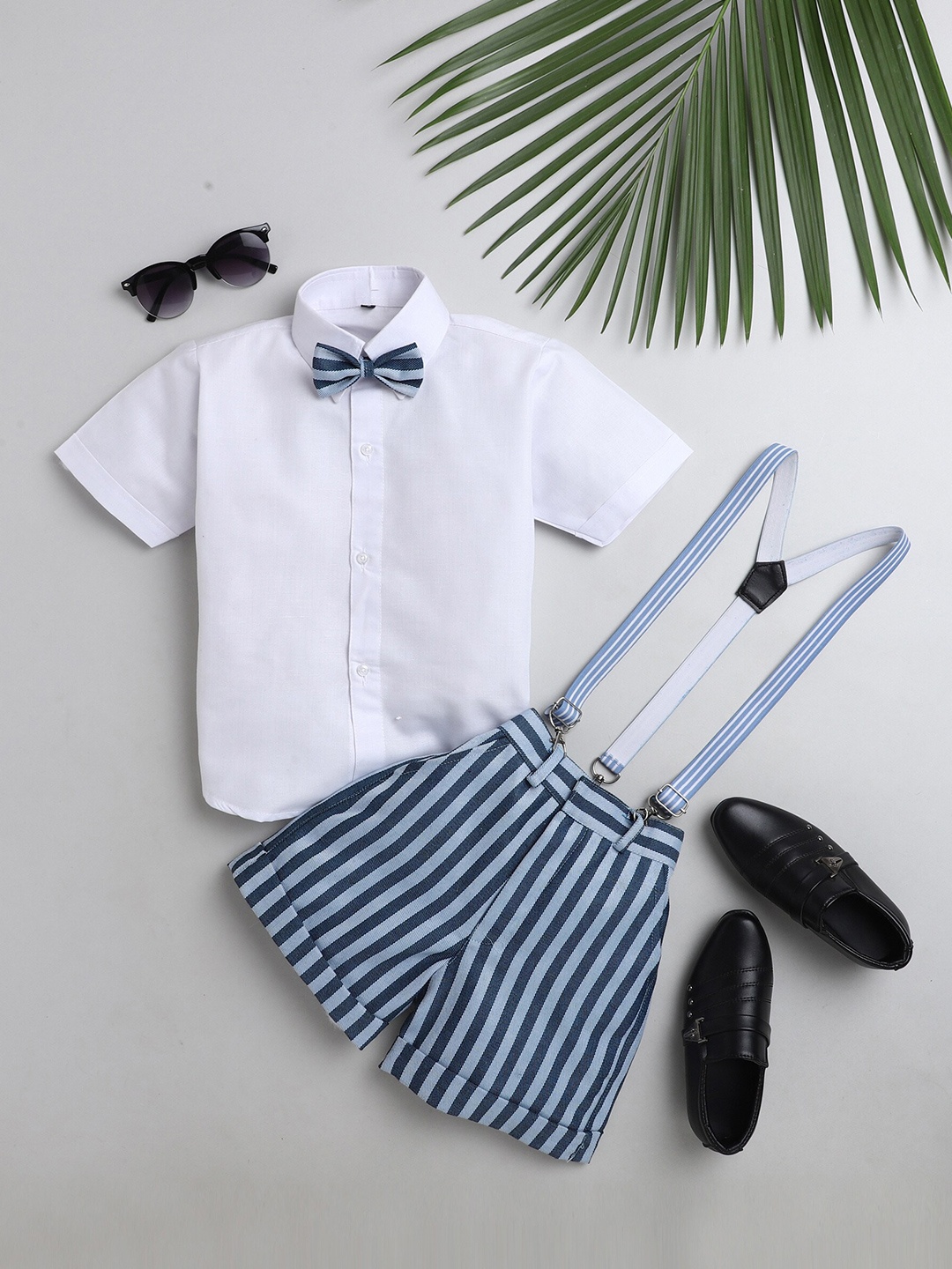 

BAESD Boys Shirt With Striped Shorts & Suspenders & Bow, White