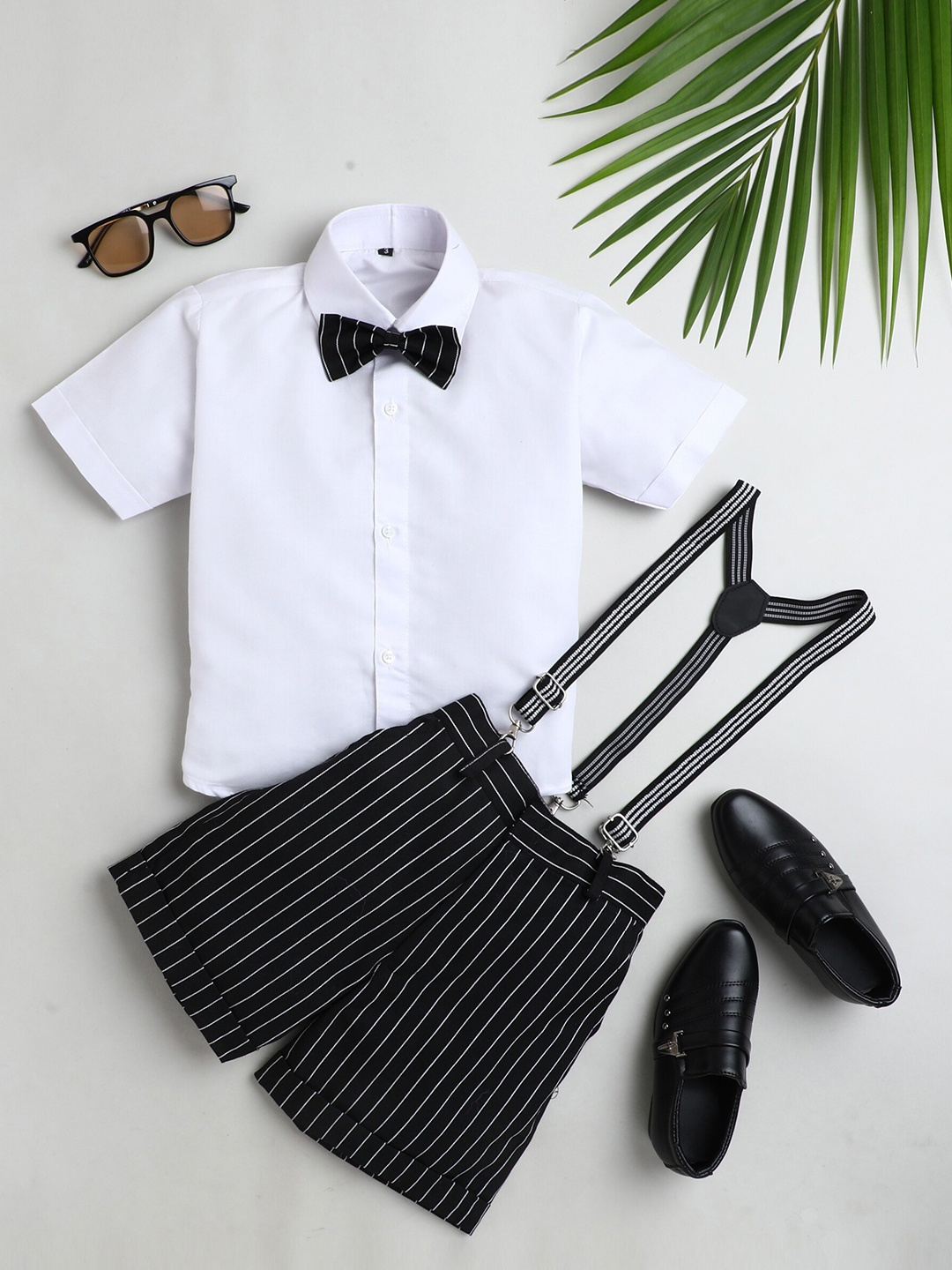 

BAESD Boys Shirt With Striped Shorts & Suspenders & Bow, Black