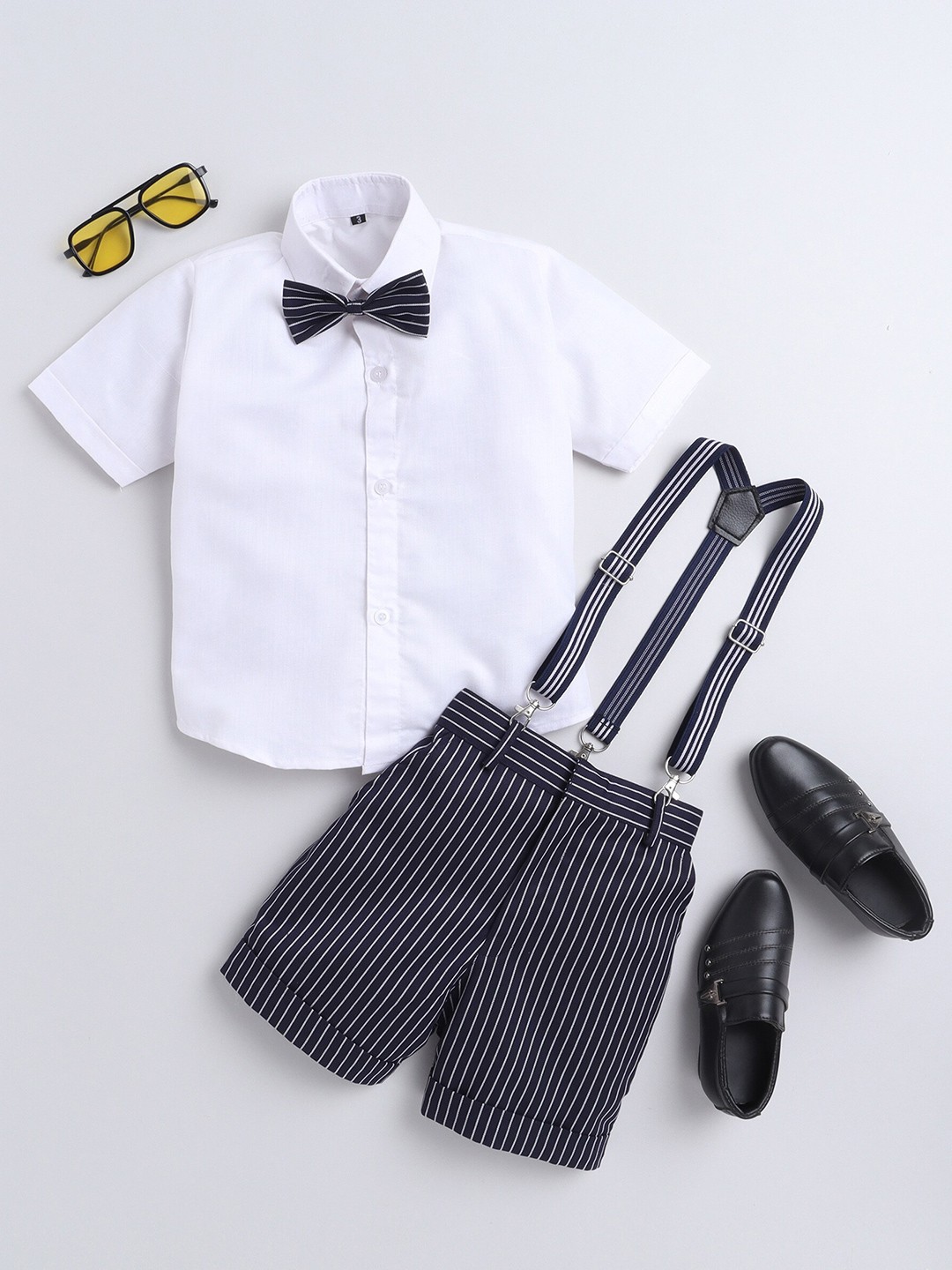 

BAESD Boys Shirt With Striped Shorts & Suspenders & Bow, White