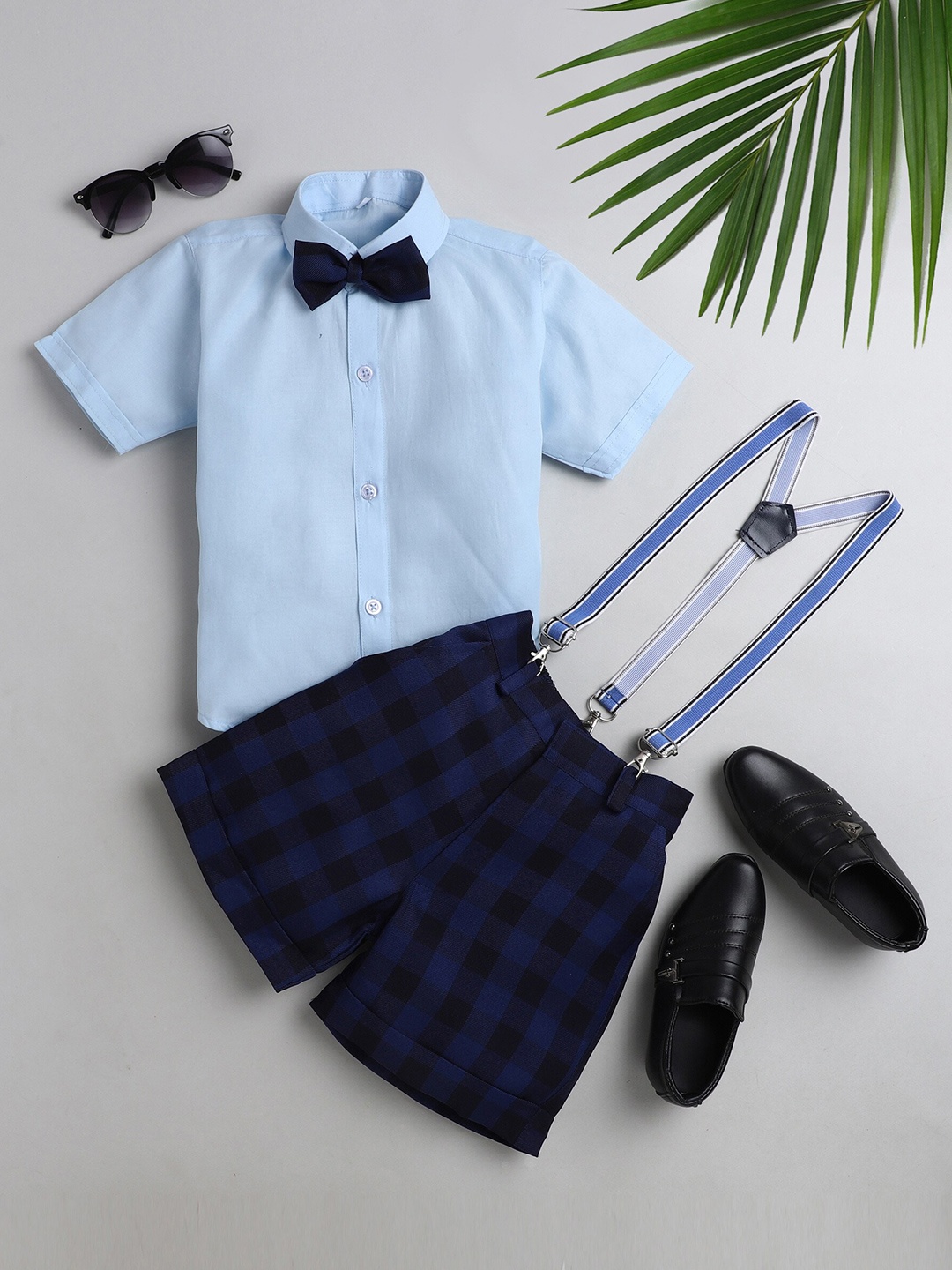 

BAESD Boys Shirt With Checked Shorts & Suspenders & Bow, Navy blue