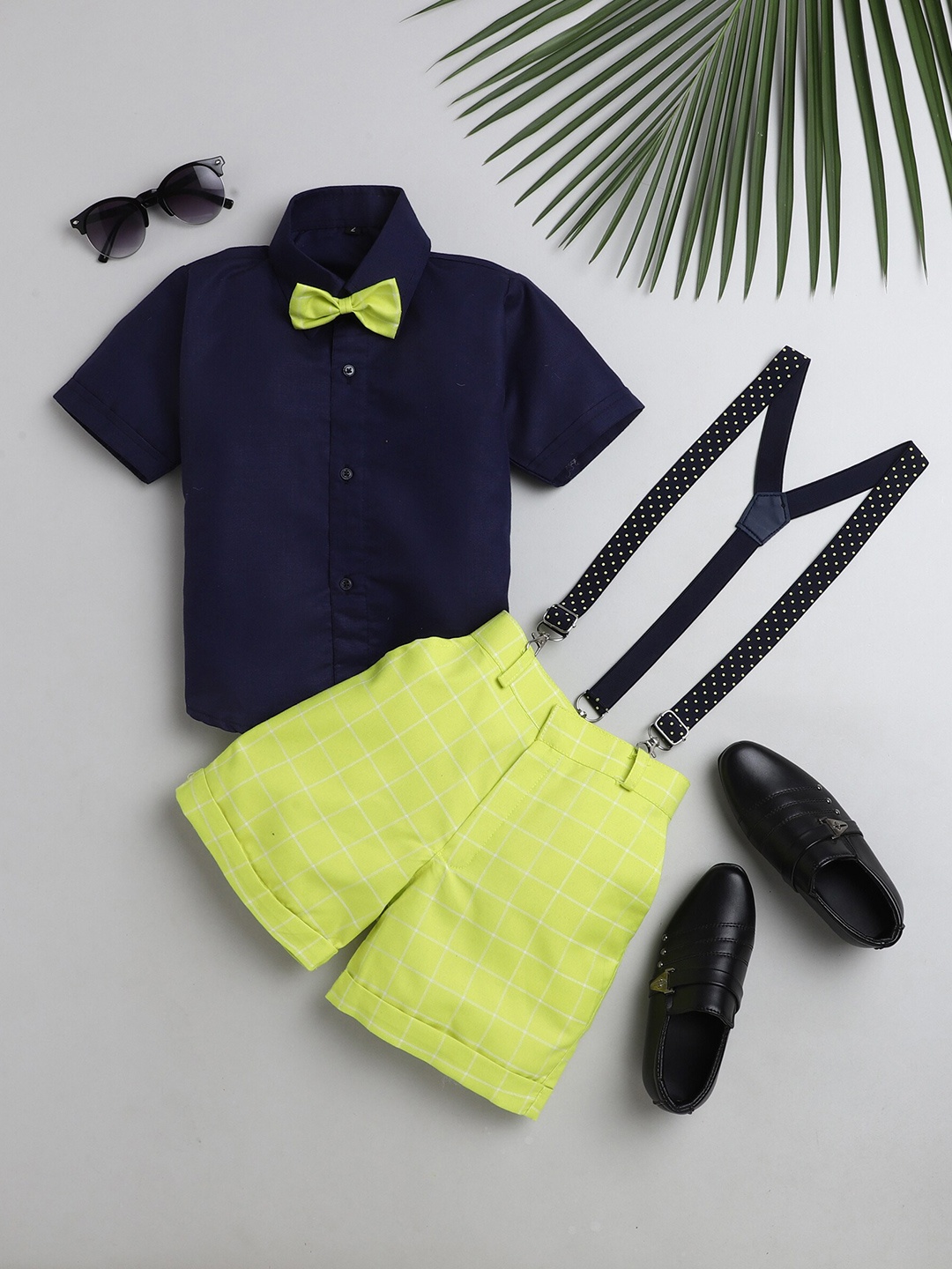 

BAESD Boys Shirt With Checked Shorts & Suspenders & Bow, Yellow