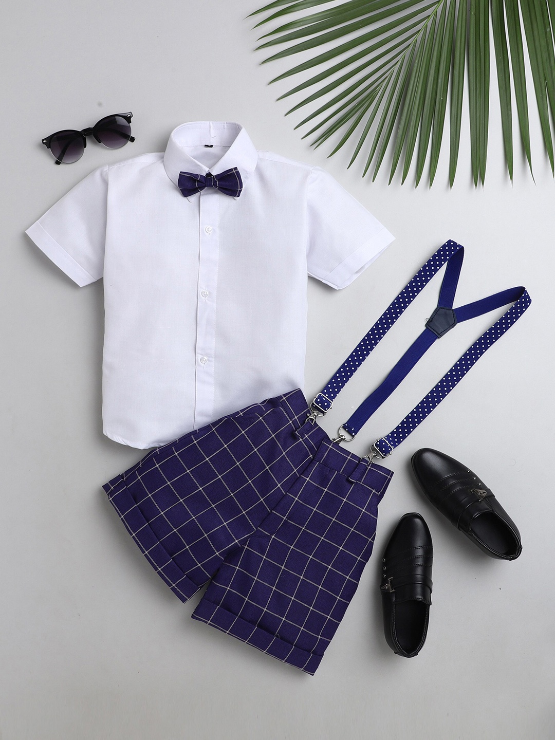 

BAESD Boys Shirt With Checked Shorts & Suspenders & Bow, Navy blue