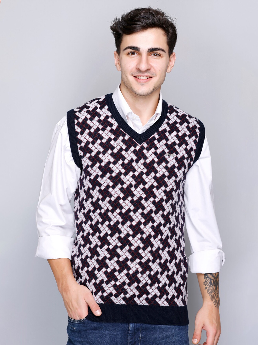 

GODFREY Checked V-Neck Sleeveless Woollen Sweater Vest, Navy blue