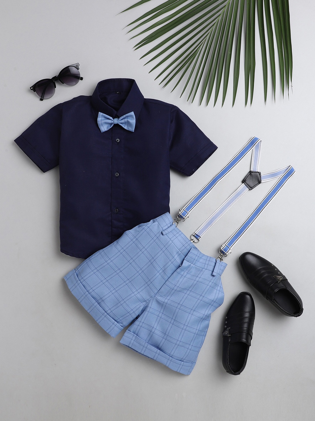 

BAESD Boys Shirt With Checked Shorts & Suspenders & Bow, Blue