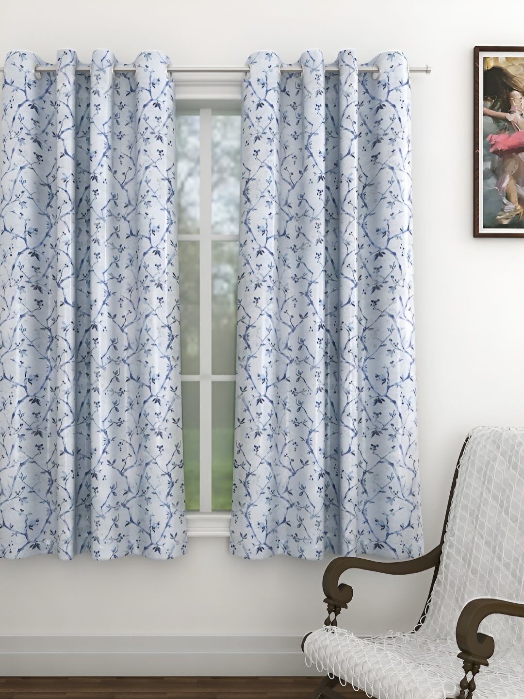 

THE CONVERSION Blue Floral Printed Heavy Netting Window Curtain