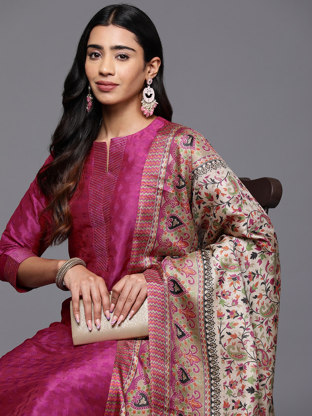 

Varanga Women Pink Zari Work textured Kurta with Trouser and Printed Dupatta