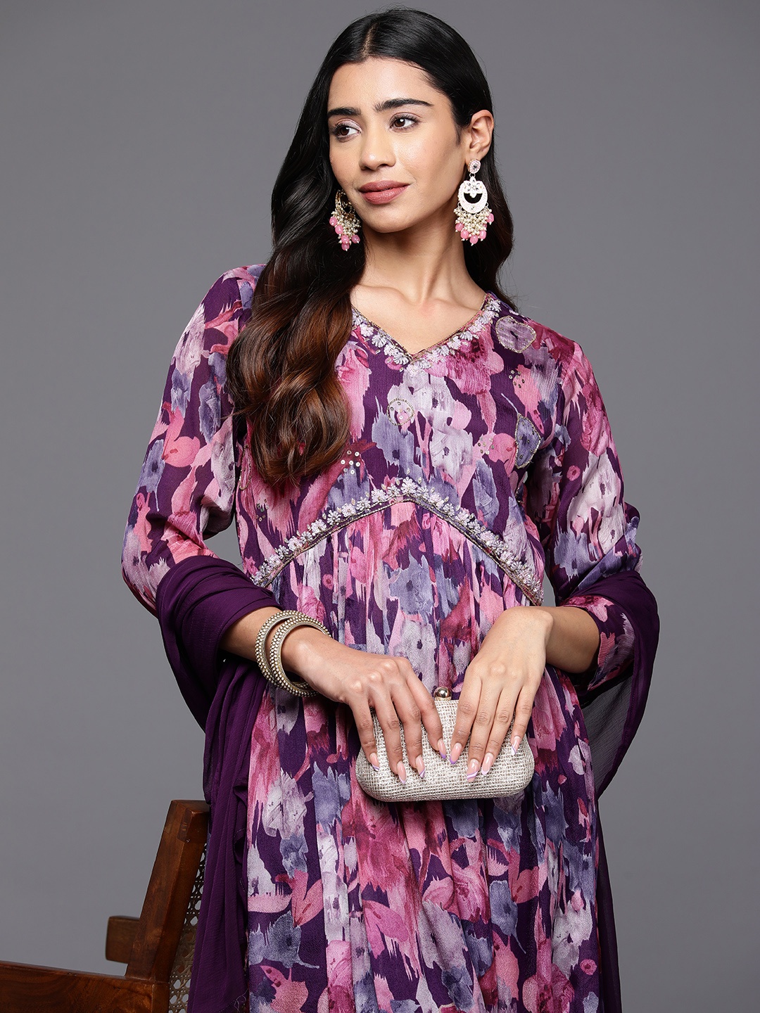 

Varanga Women Floral Printed Empire Beaded Pure Silk Kurta with Trousers & With Dupatta, Purple