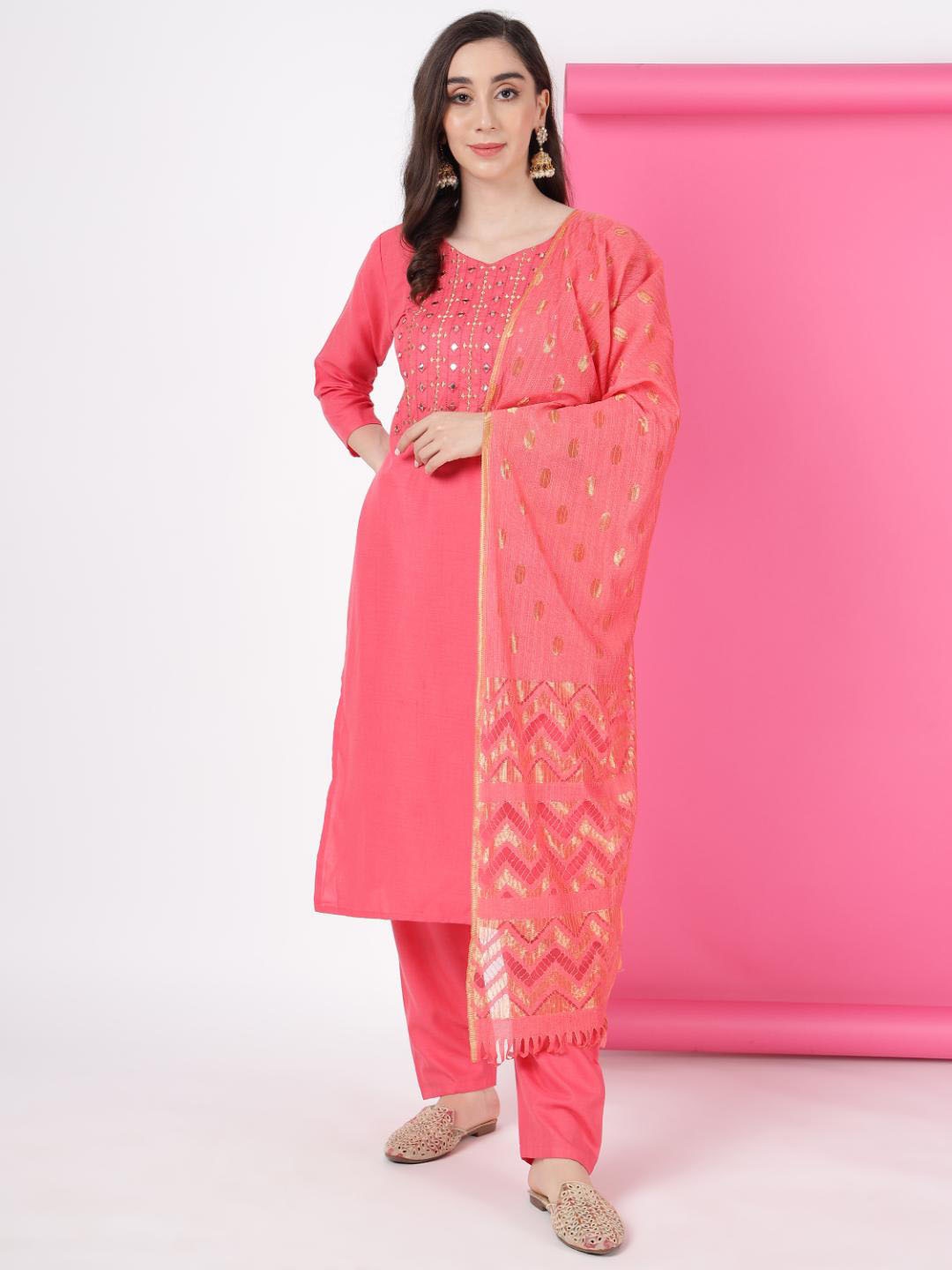 

KALINI Ethnic Motifs Yoke Design Mirror Work Kurta With Trousers & Dupatta, Pink