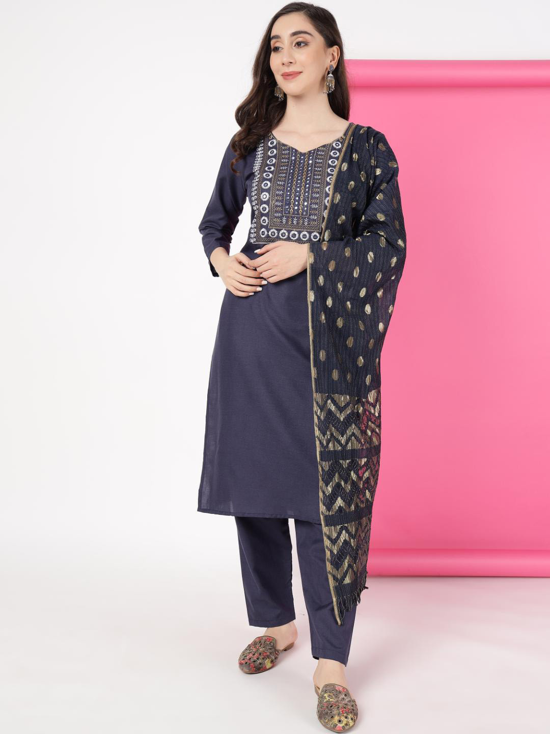 

KALINI Ethnic Motifs Yoke Design Thread Work Straight Kurta & Trousers With Dupatta, Navy blue