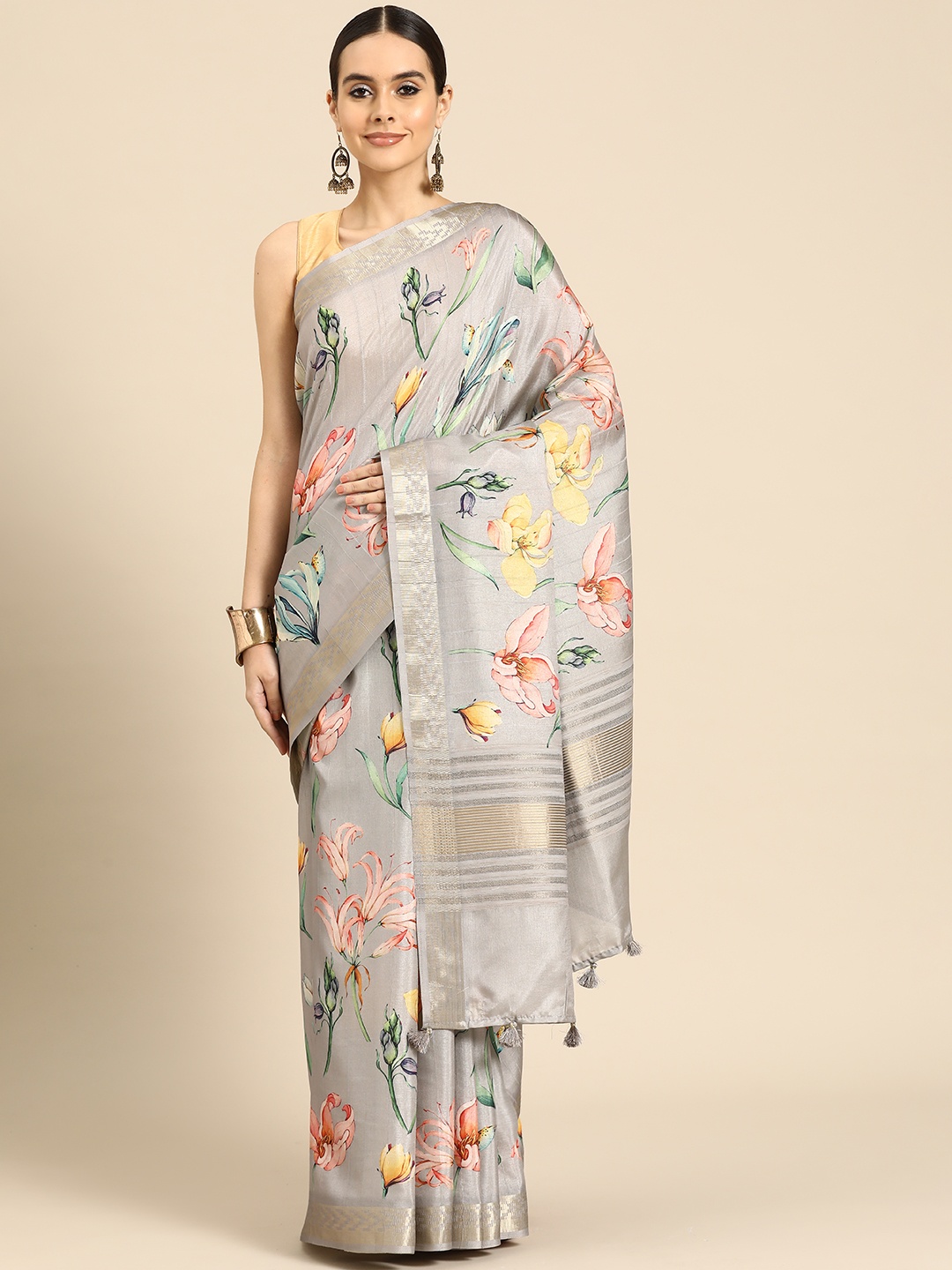 

Simaaya Floral Woven Design Saree, Grey
