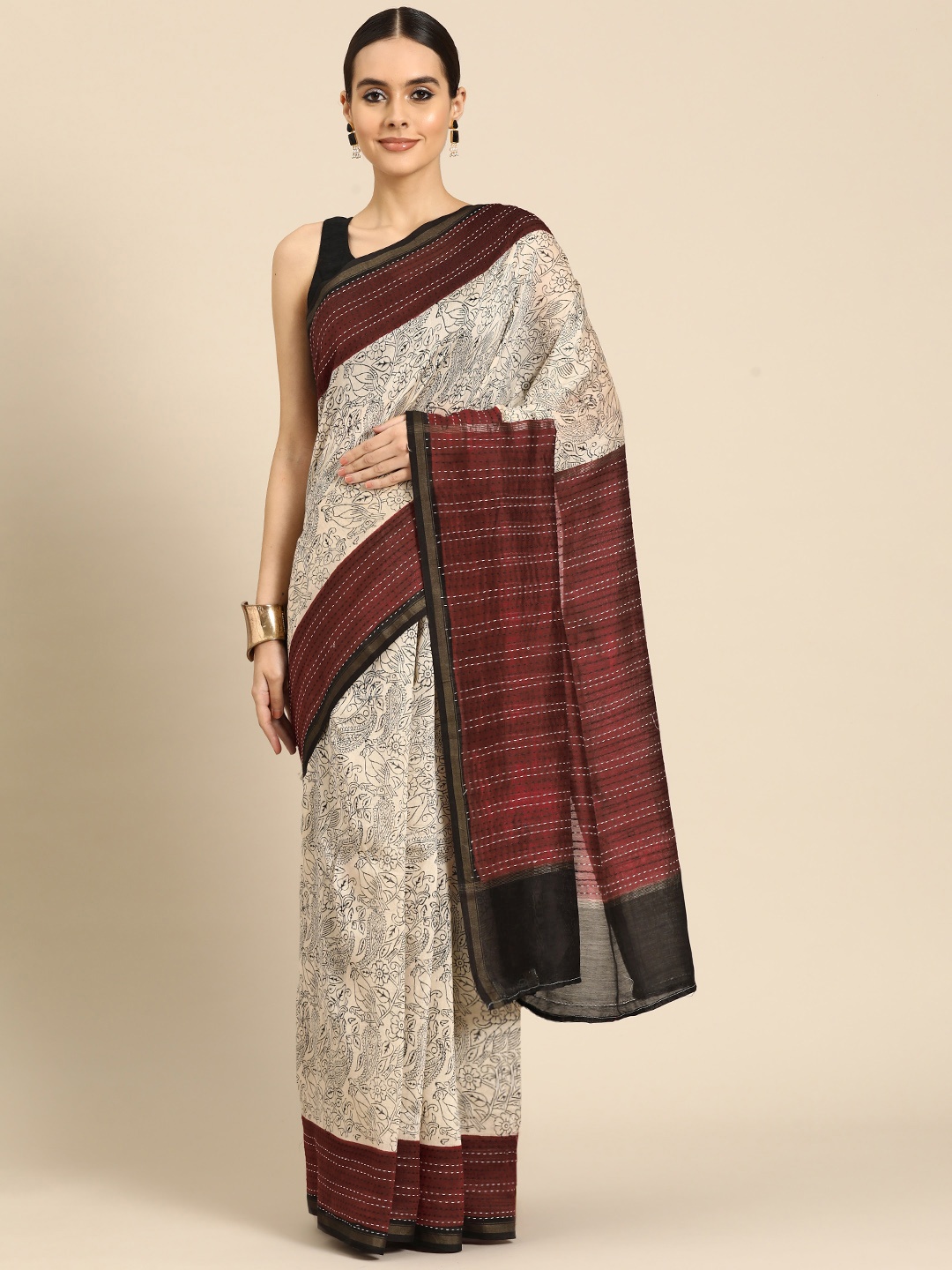 

Simaaya Floral Kantha Work Woven Design Saree, White
