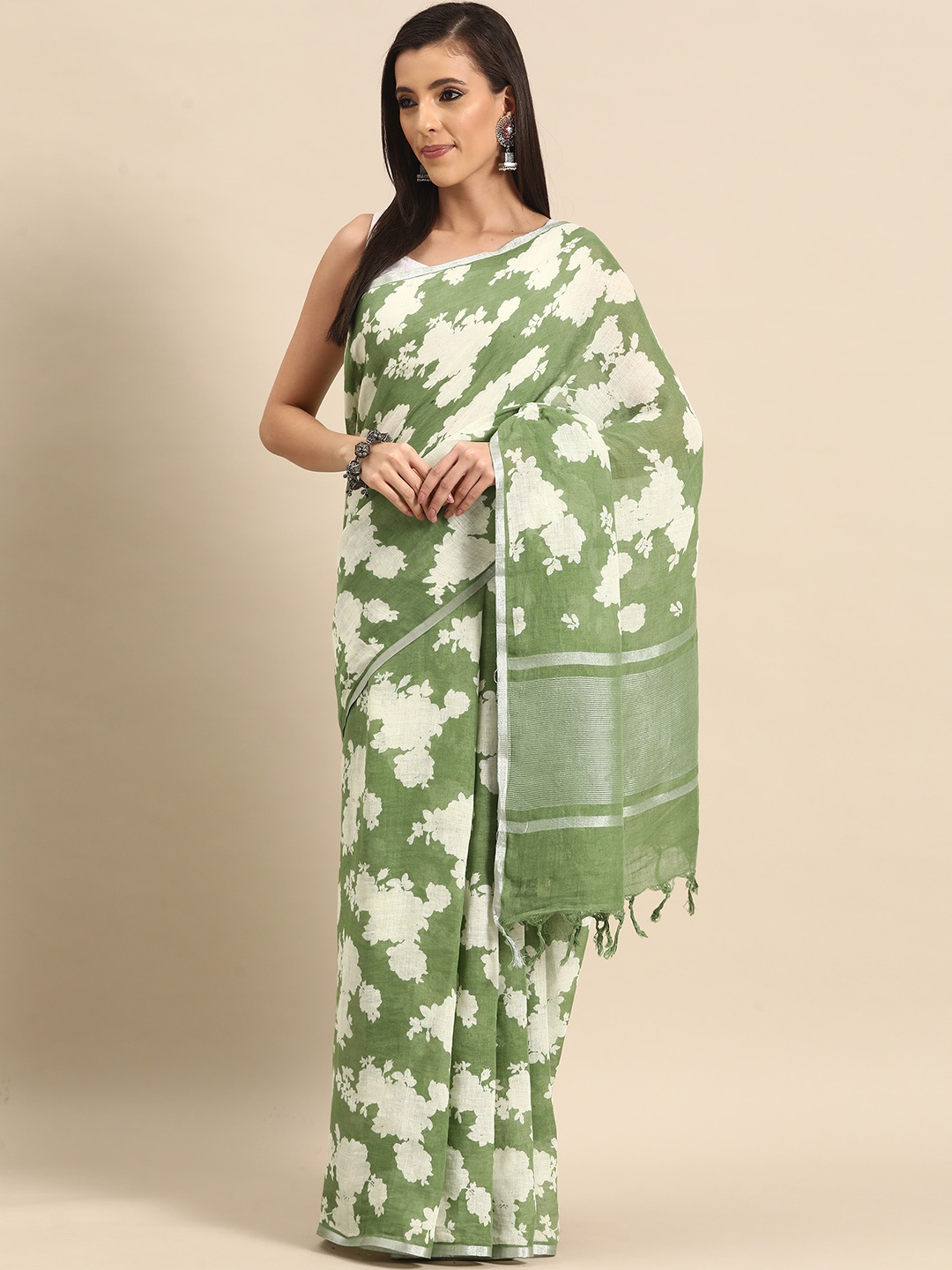 

Simaaya Printed Silk Cotton Saree, Green