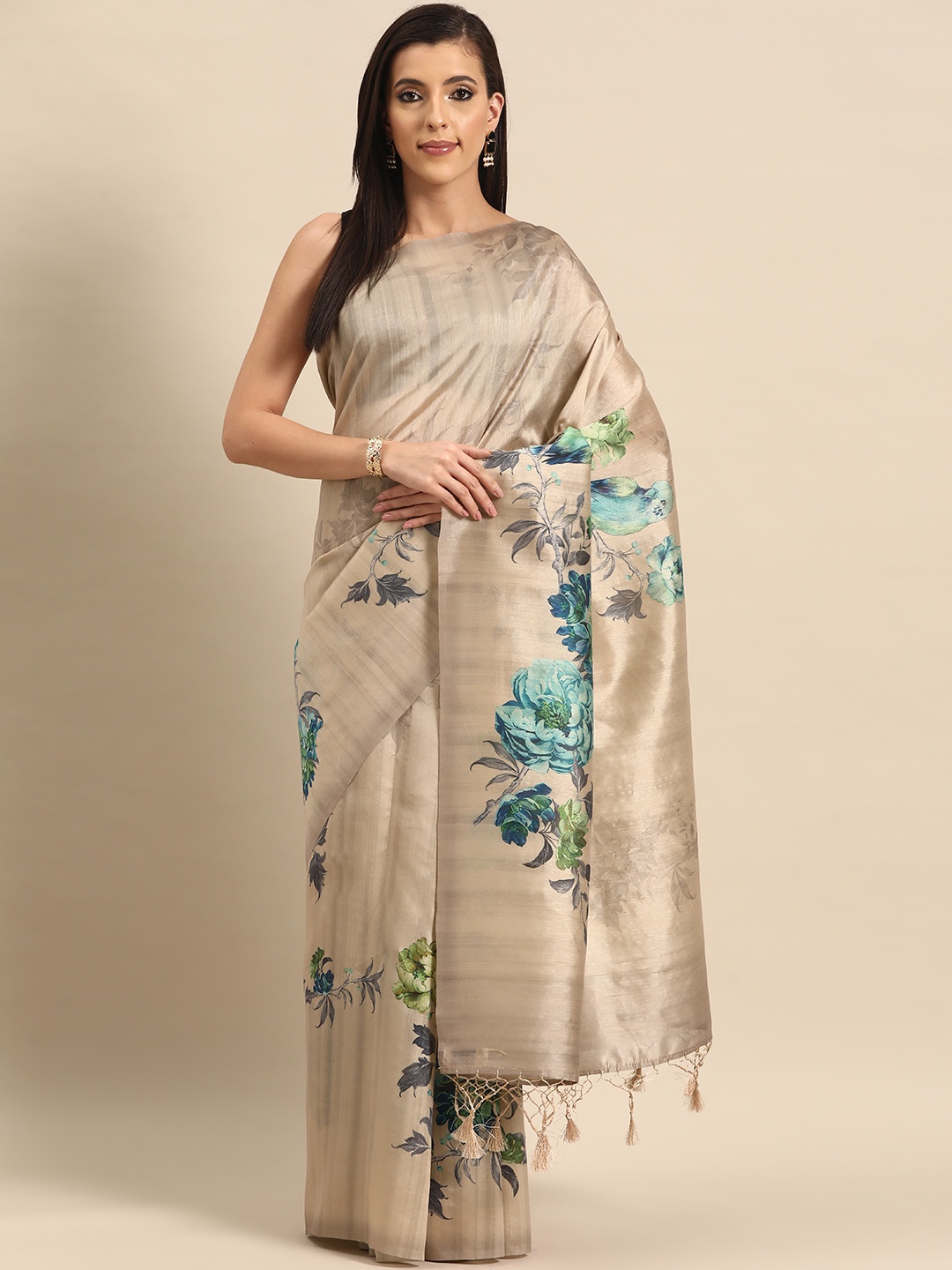 

Simaaya Floral Silk Cotton Saree, Grey