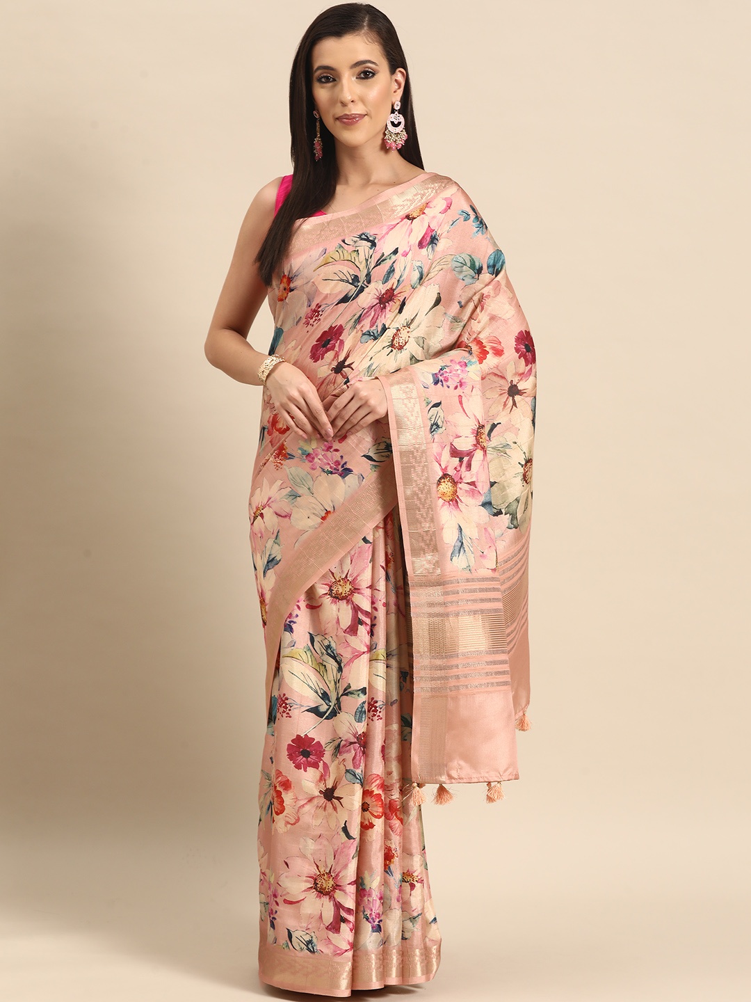 

Simaaya Floral Printed Zari Silk Cotton Saree, Peach