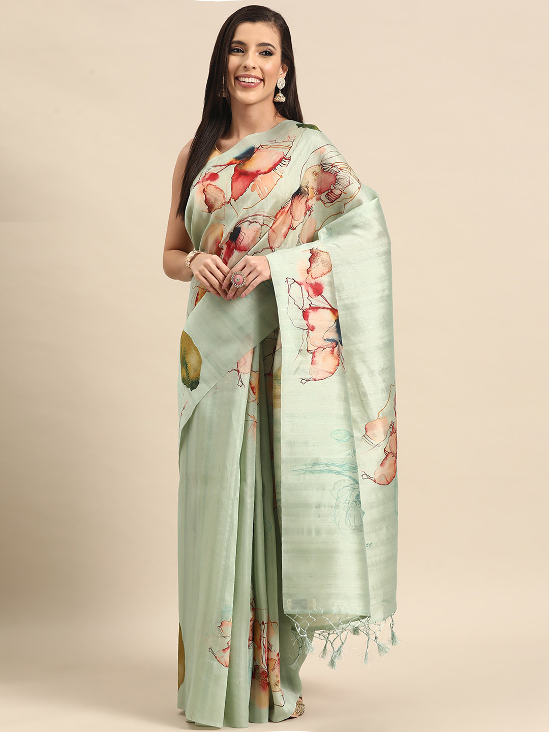 

Simaaya Floral Silk Cotton Saree, Sea green