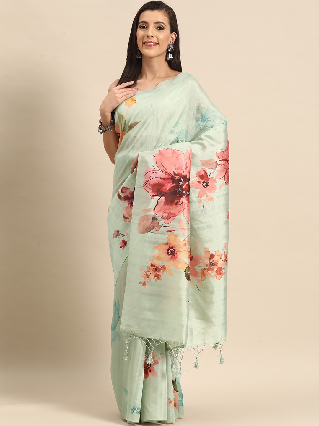 

Simaaya Floral Silk Cotton Saree, Sea green