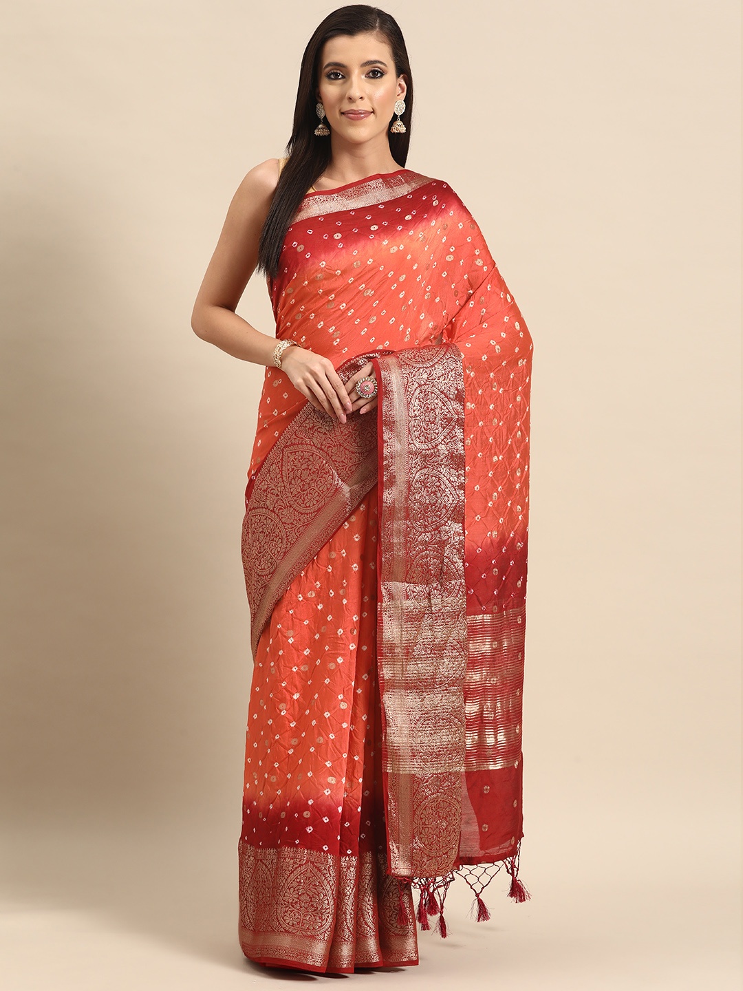

Simaaya Zari Pure Georgette Bandhani Saree, Orange