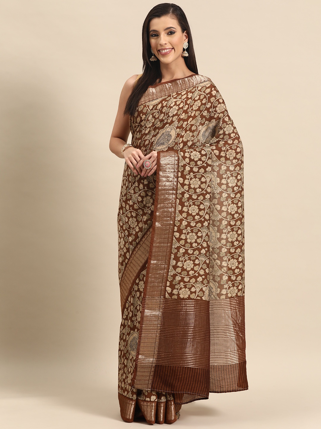 

Simaaya Floral Zari Silk Cotton Saree, Brown