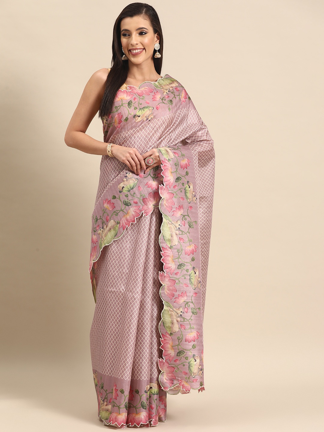 

Simaaya Printed Silk Cotton Saree, Pink