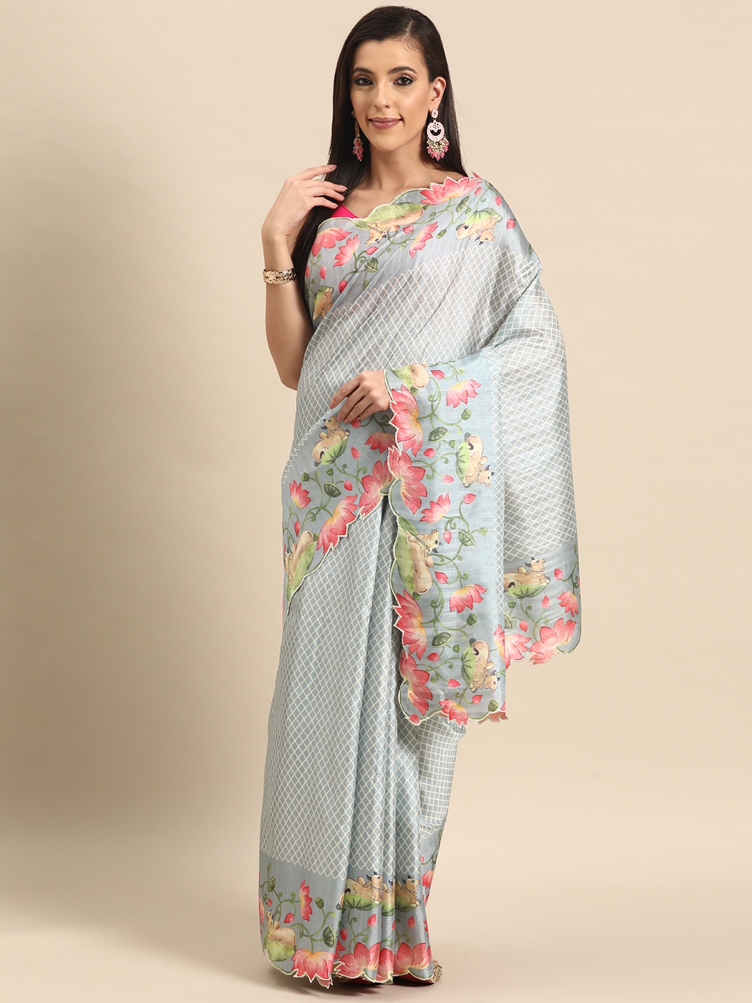 

Simaaya Printed Silk Cotton Saree, Turquoise blue