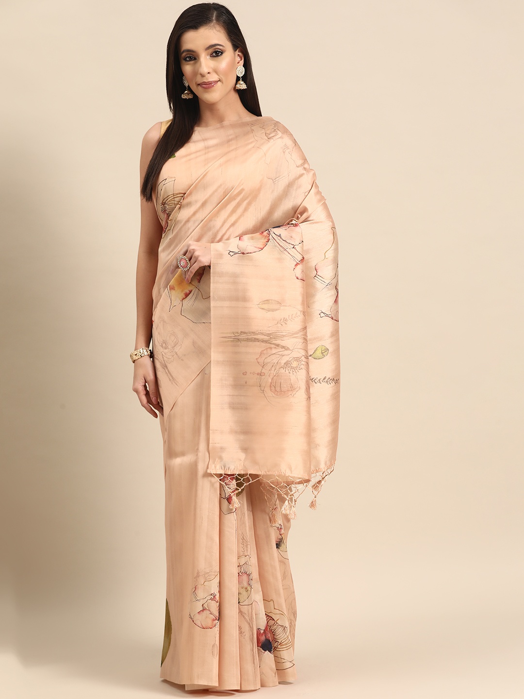 

Simaaya Floral Silk Cotton Saree, Peach
