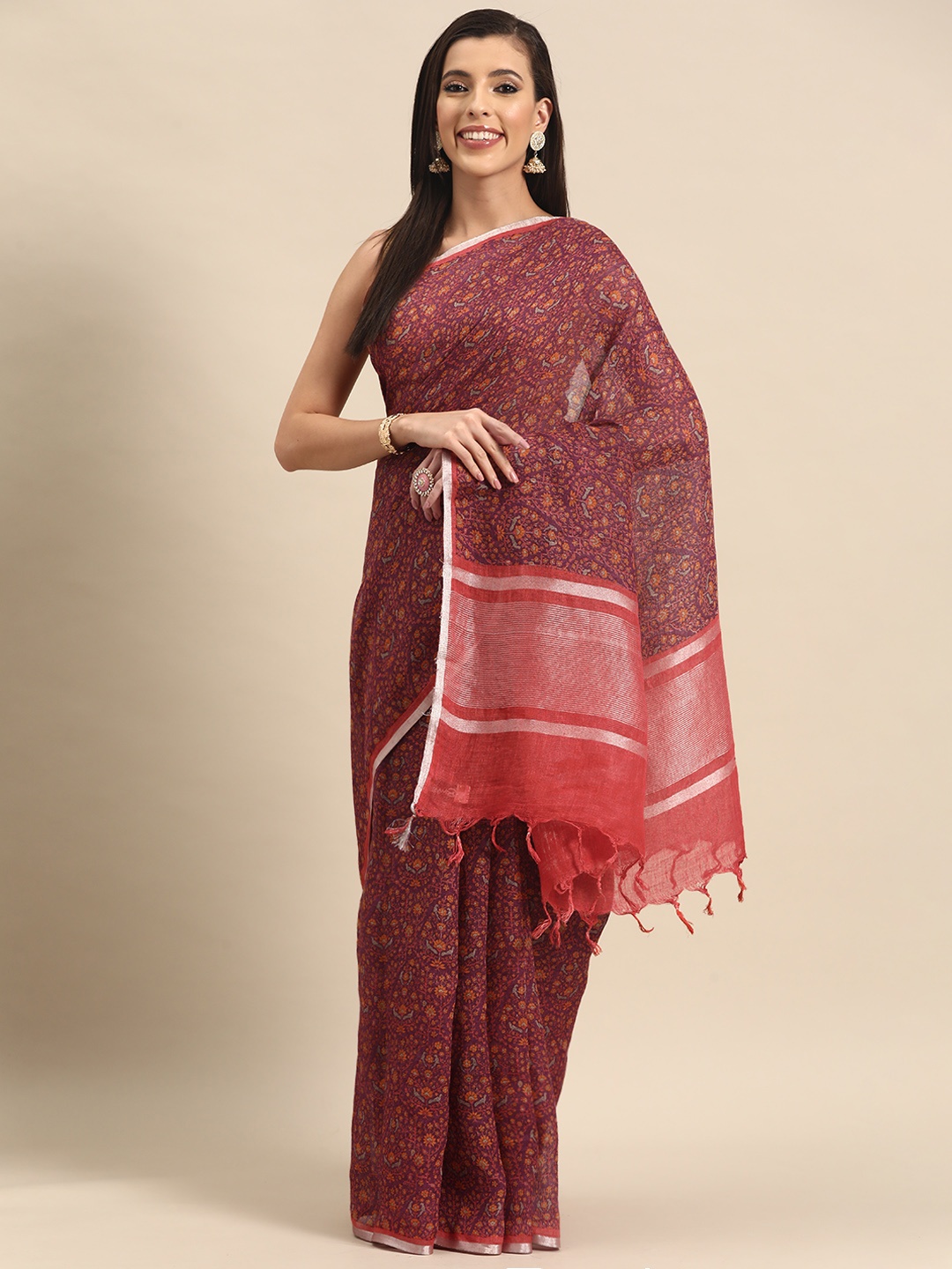 

Simaaya Floral Silk Cotton Saree, Maroon