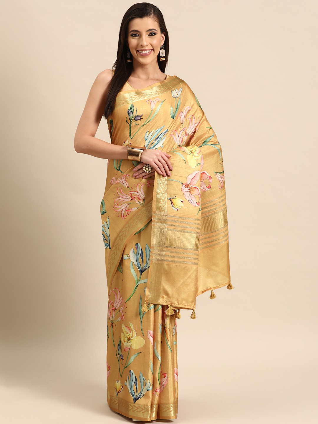 

Simaaya Floral Zari Silk Cotton Saree, Yellow