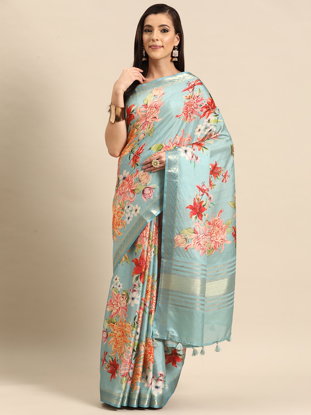 

Simaaya Floral Zari Silk Cotton Saree, Turquoise blue