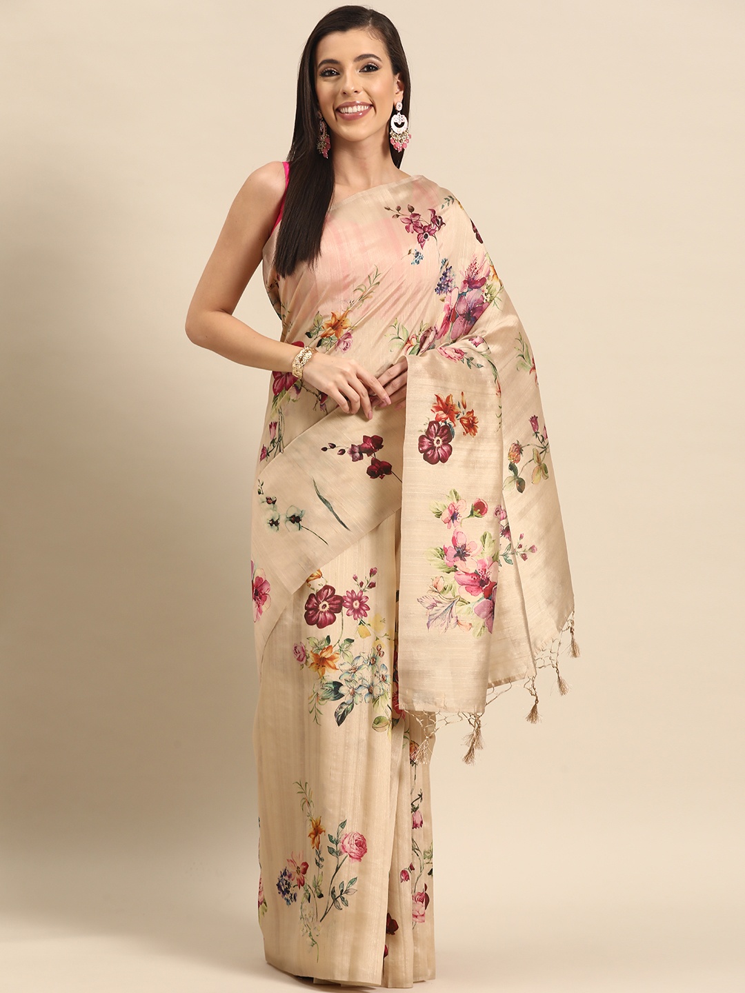 

Simaaya Floral Silk Cotton Saree, Beige