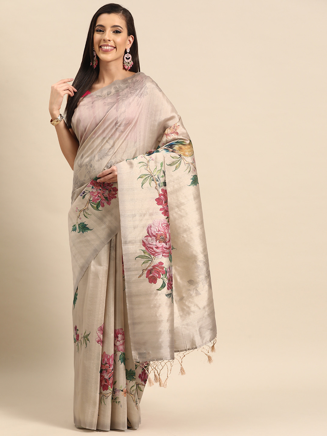 

Simaaya Floral Silk Cotton Saree, Beige