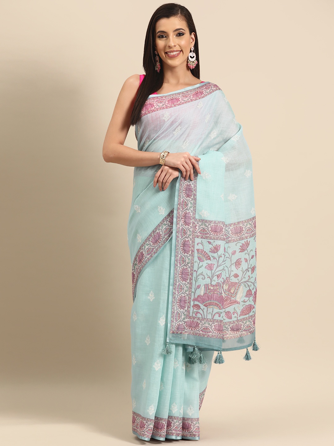 

Simaaya Floral Silk Cotton Saree, Turquoise blue