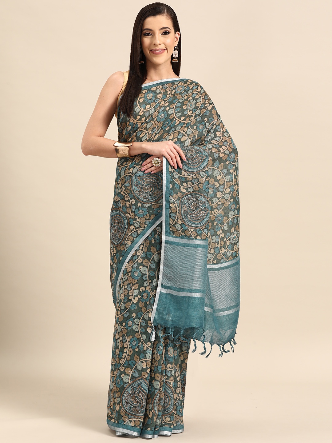 

Simaaya Floral Silk Cotton Designer Saree, Blue