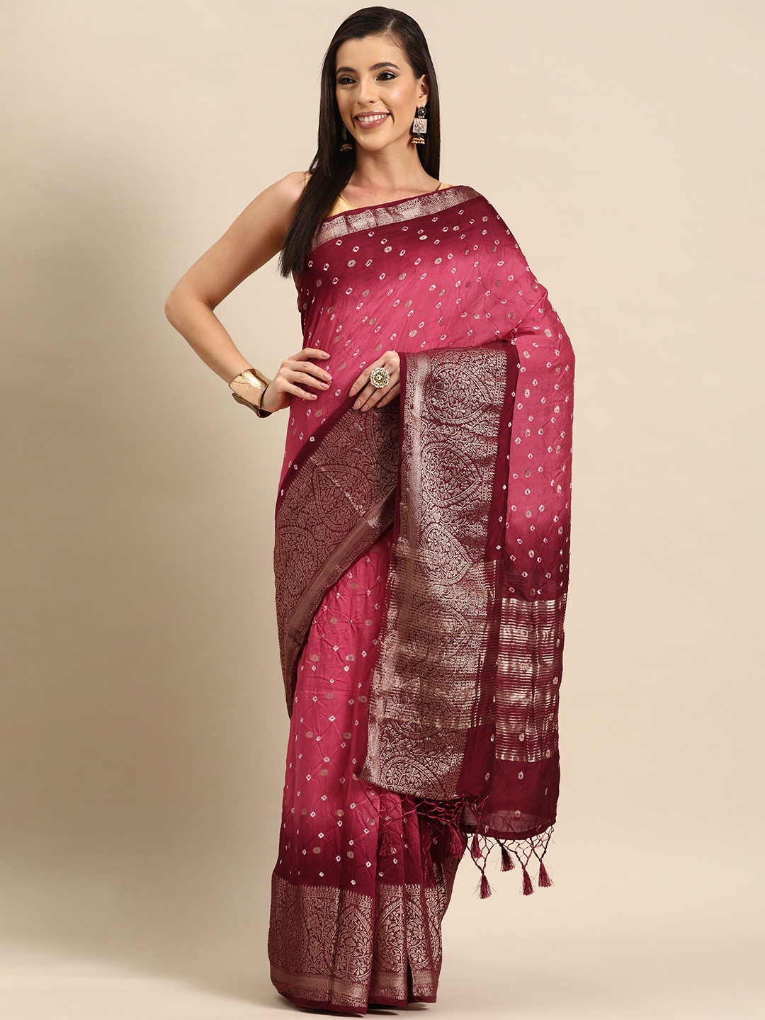 

Simaaya Zari Pure Georgette Bandhani Saree, Red
