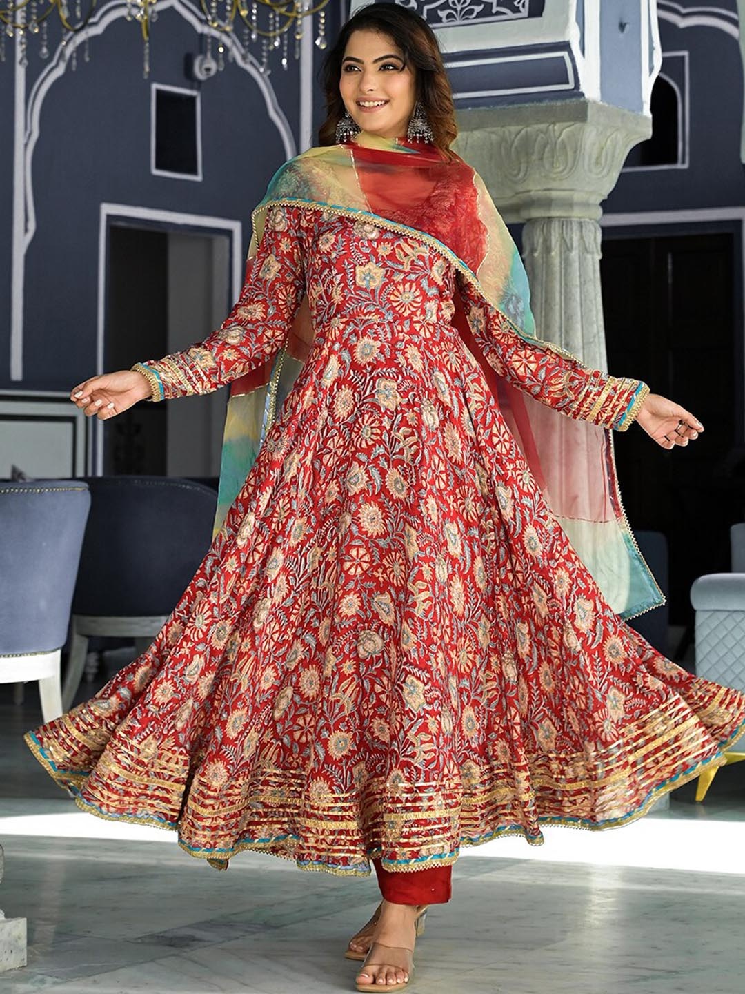 

KALINI Floral Printed Thread Work Anarkali Kurta & Trousers With Dupatta, Maroon