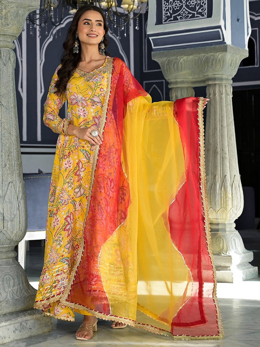 

KALINI Floral Printed Thread Work Anarkali Kurta & Trousers With Dupatta, Yellow