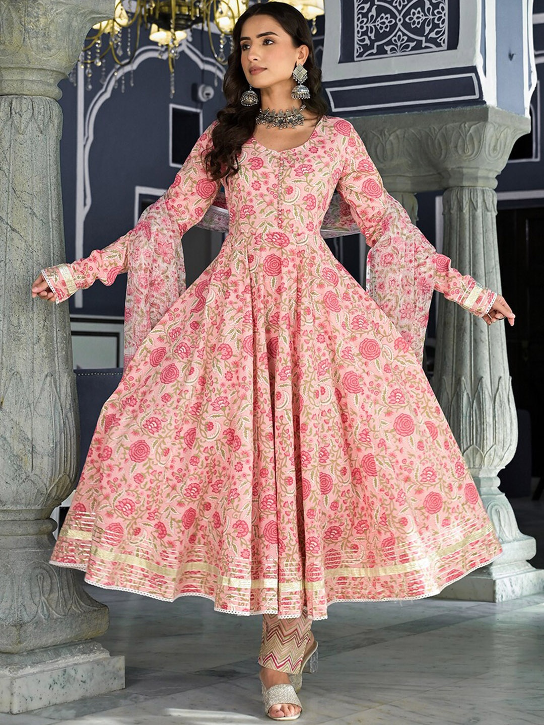 

KALINI Floral Printed Anarkali Kurta & Trousers With Dupatta, Pink