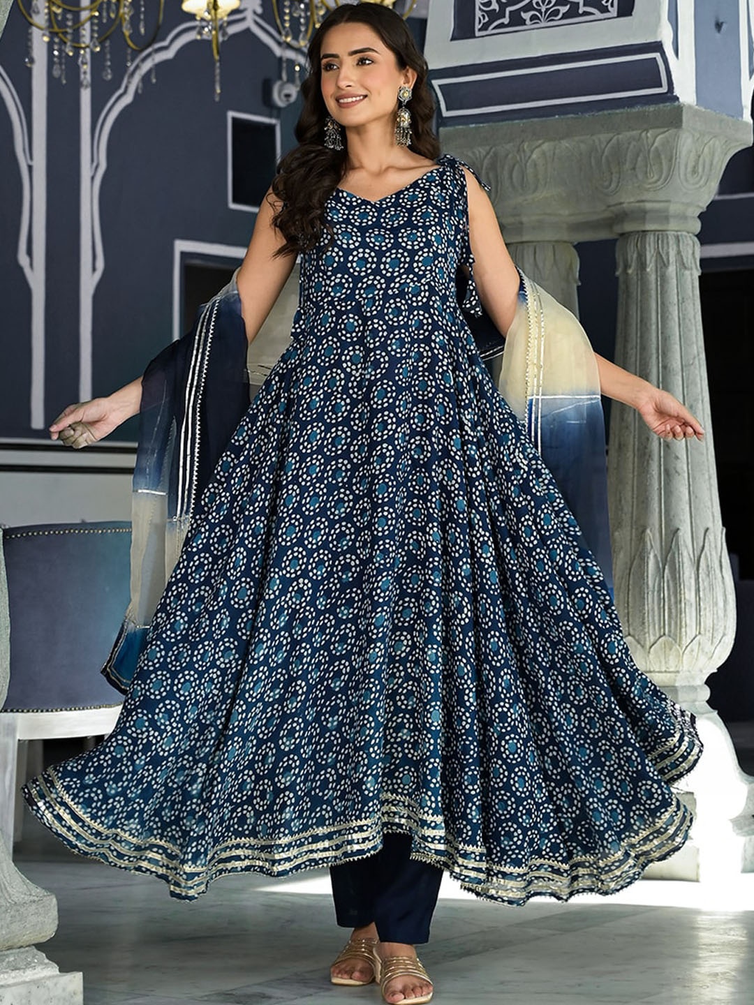 

KALINI Ethnic Motifs Printed Shoulder Straps Anarkali Kurta & Trousers With Dupatta, Blue