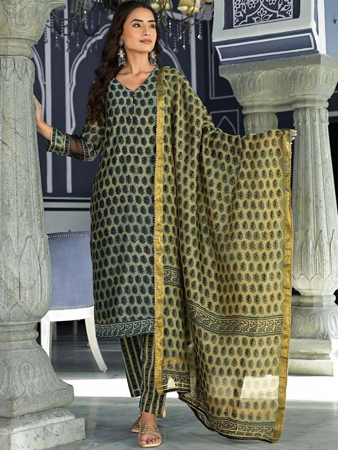 

KALINI Ethnic Motifs Printed Straight Kurta & Trousers With Dupatta, Green