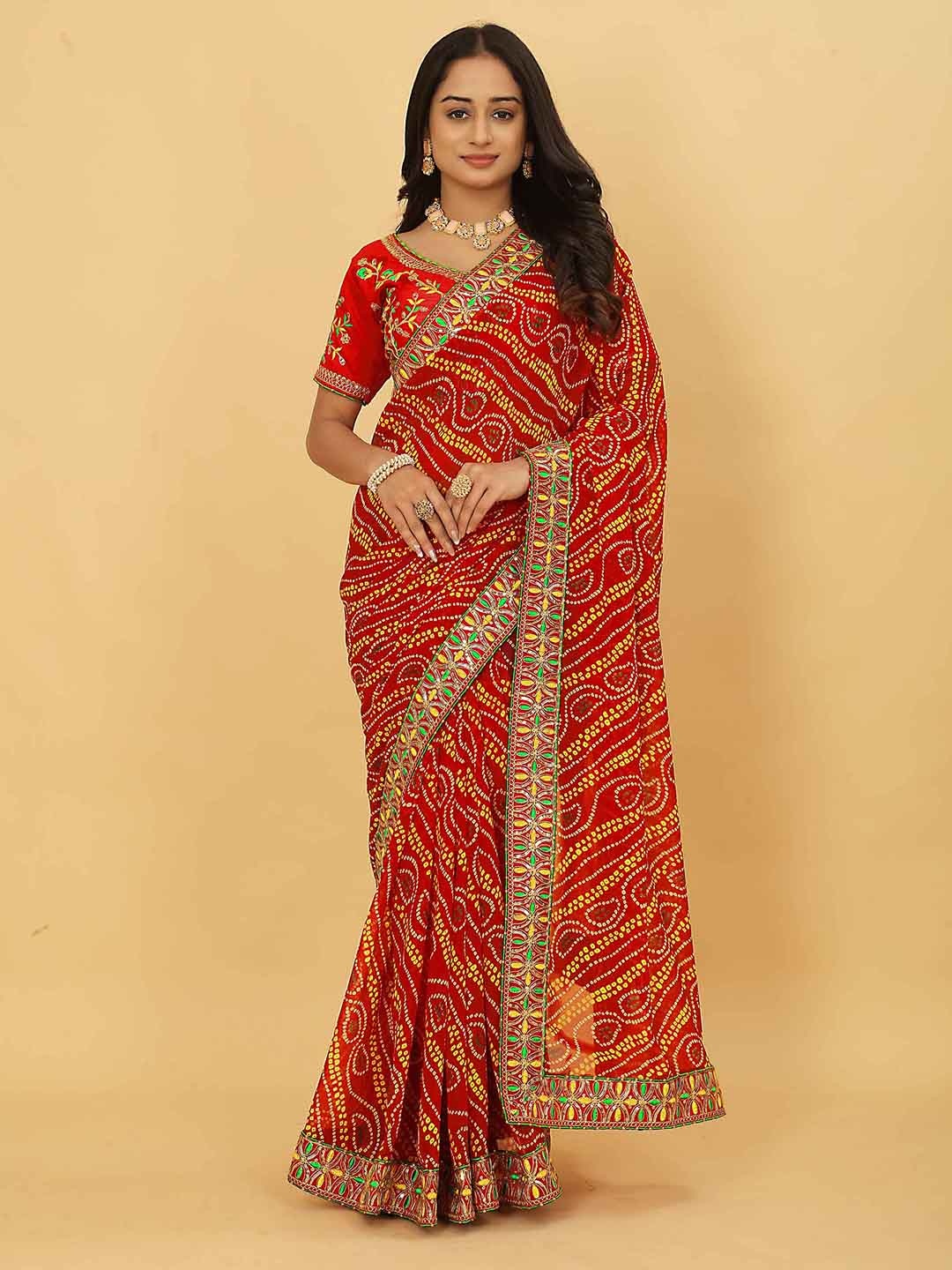 

Ariya Prints Bandhani Printed Embroidered Pure Georgette Saree, Red