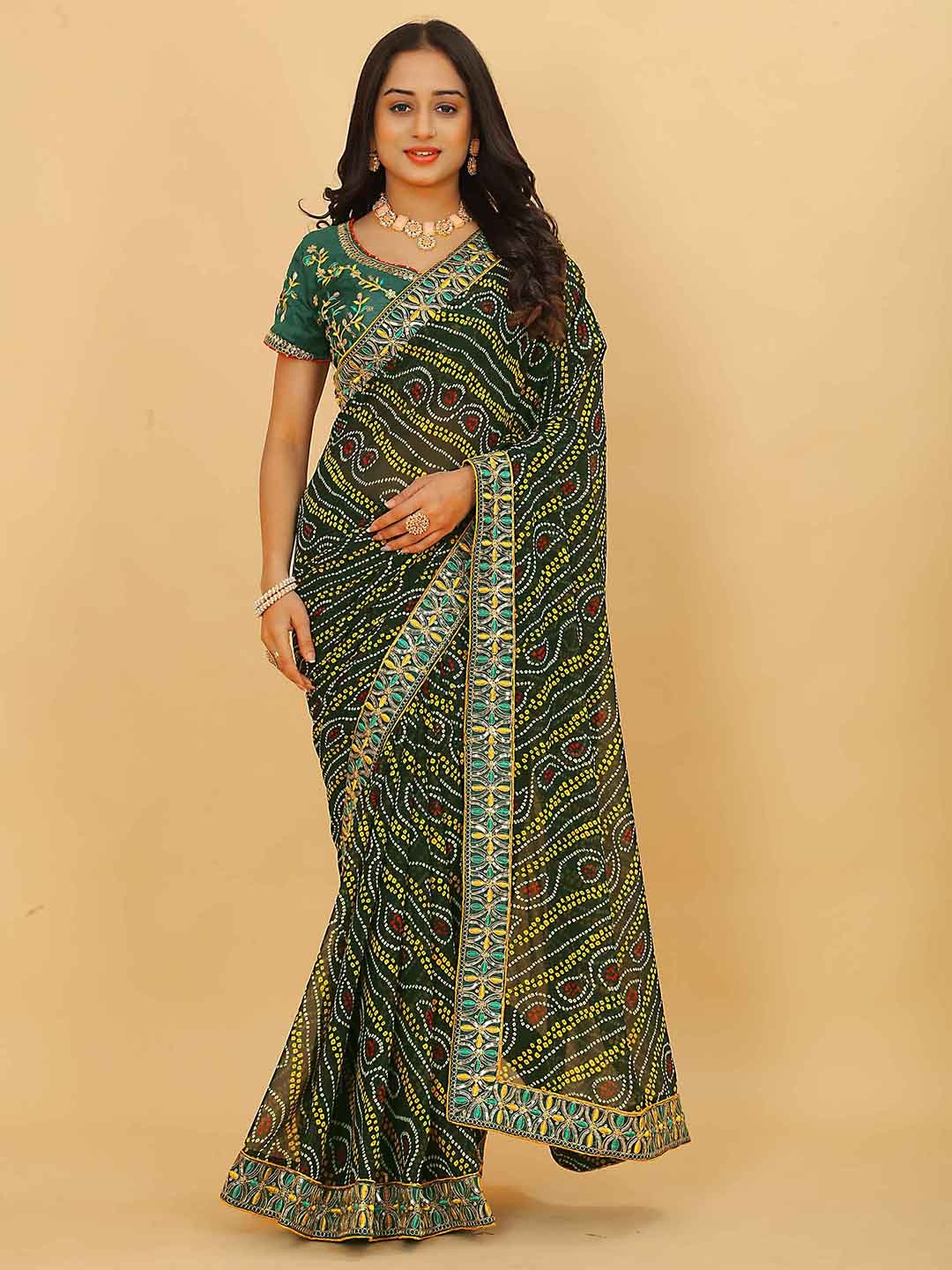 

Ariya Prints Bandhani Embroidered Pure Georgette Saree, Green