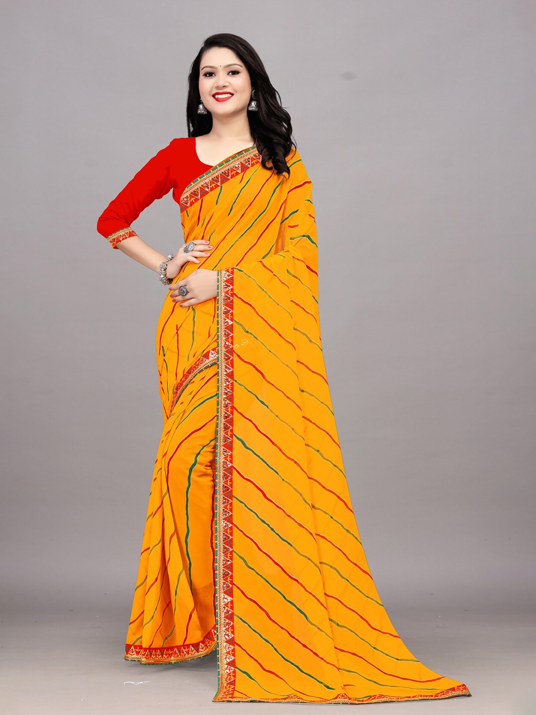 

Ariya Prints Embroidered Border Printed Pure Georgette Leheriya Saree, Mustard