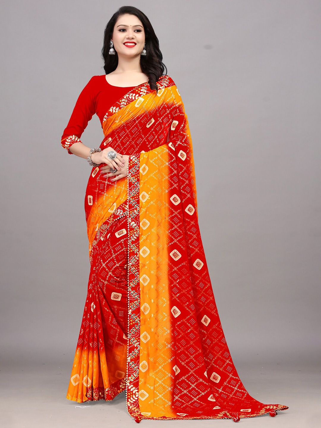 

Ariya Prints Red & Orange Ethnic Motifs Printed Pure Georgette Saree