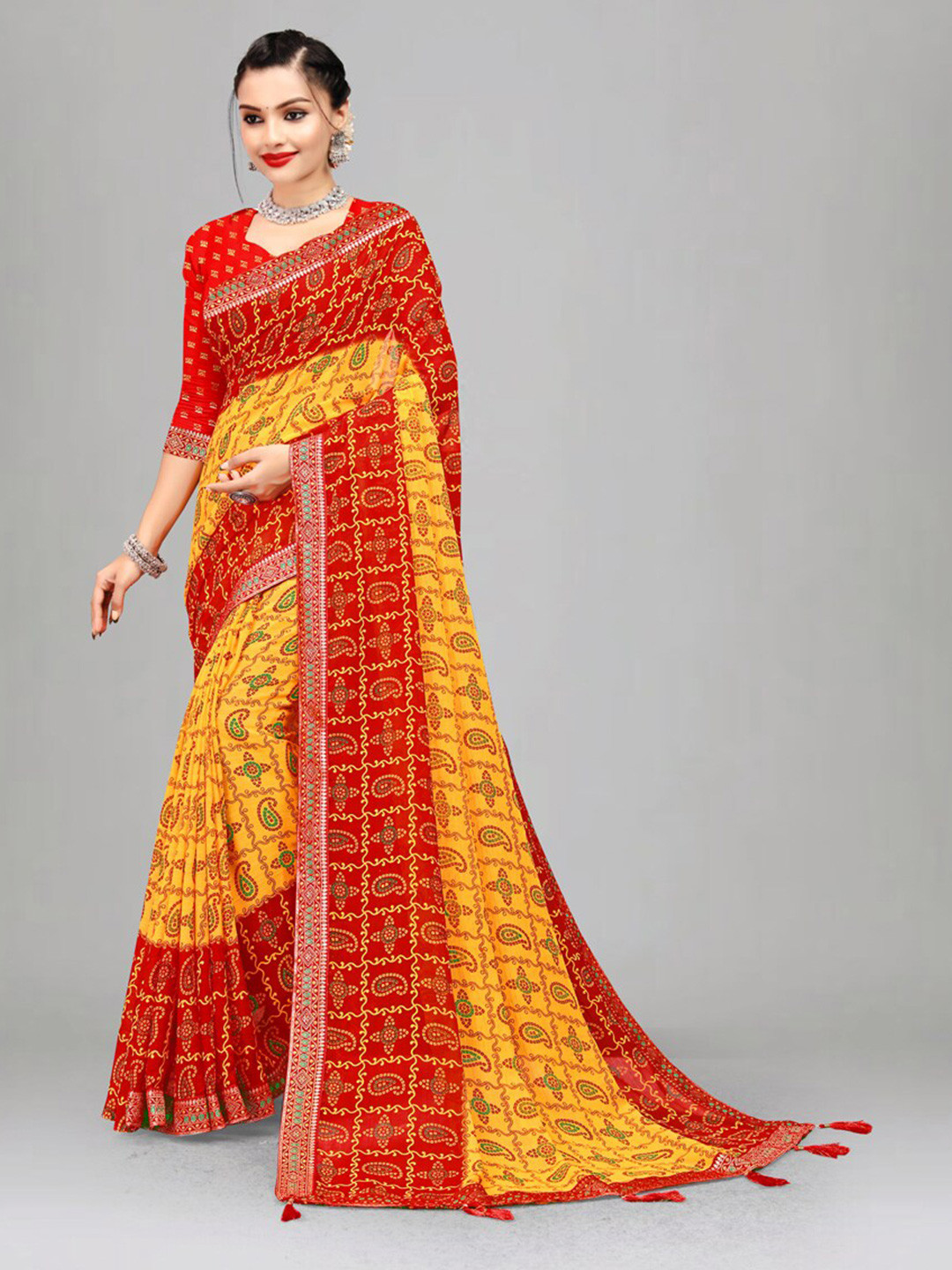 

Ariya Prints Red & Yellow Ethnic Motifs Printed Pure Georgette Saree