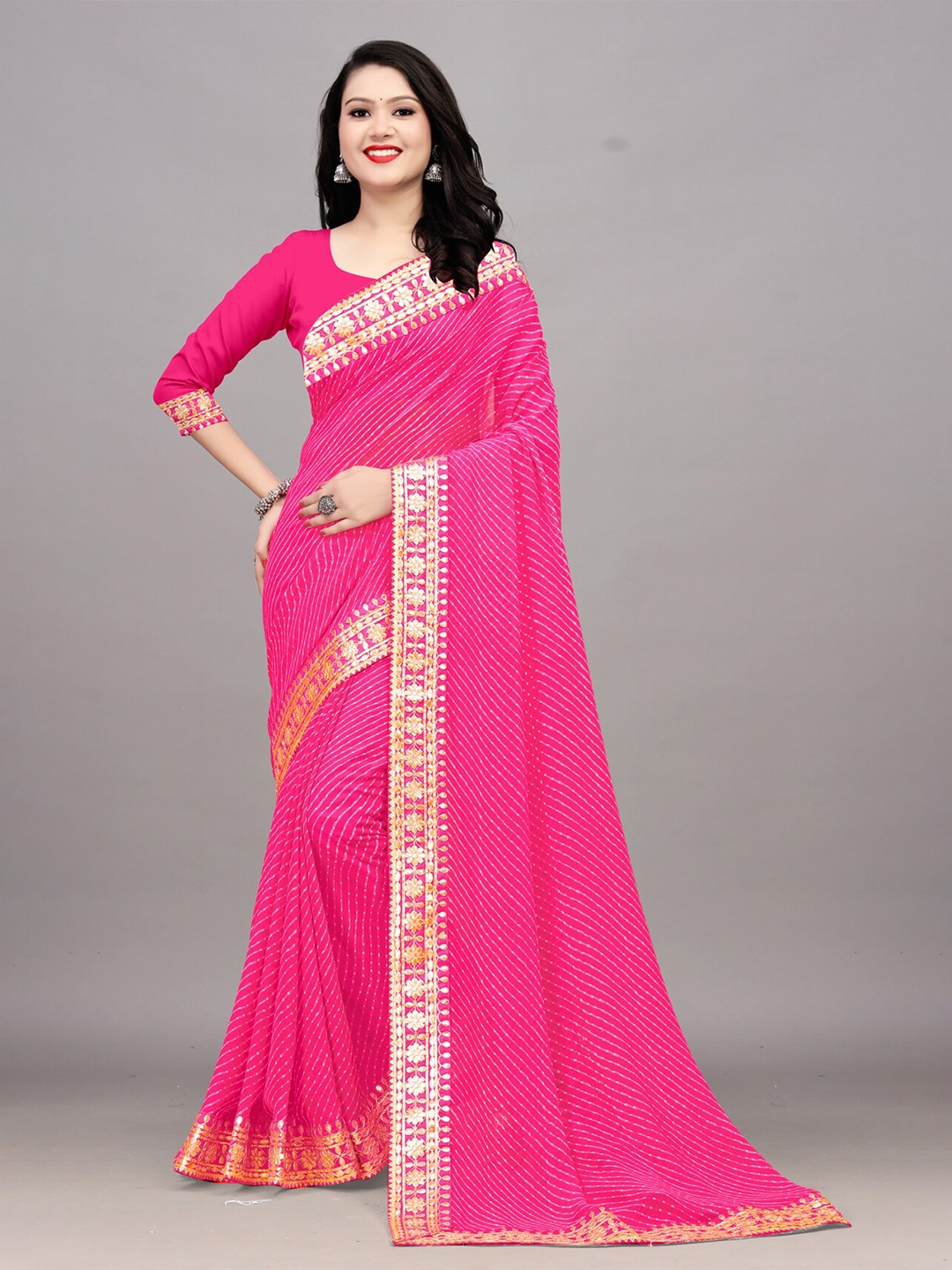 

Ariya Prints Printed Pure Georgette Leheriya Saree, Pink