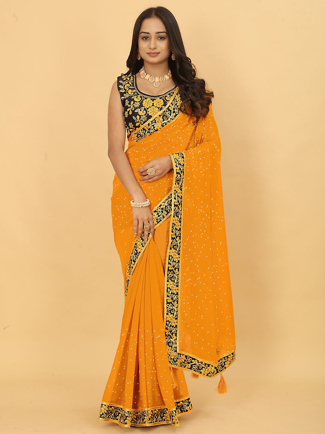 

Ariya Prints Embellished Embroidered Border Pure Georgette Venkatgiri Saree, Mustard
